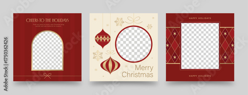 Luxury Christmas Social Media Banners in Red and Gold – Elegant Square Holiday Templates with Photo Frames