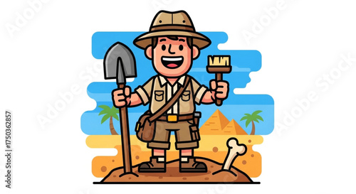 Cartoon archaeologist, holding a shovel and brush, ready to unearth ancient artifacts and treasures