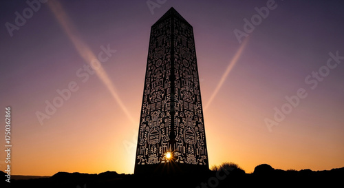 The shadow of the obelisk against the backdrop of the sunset sky creates an atmosphere of mystery and grandeur, monumentality