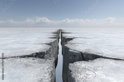Vast, cracked icy expanse stretches to the horizon under blue sky