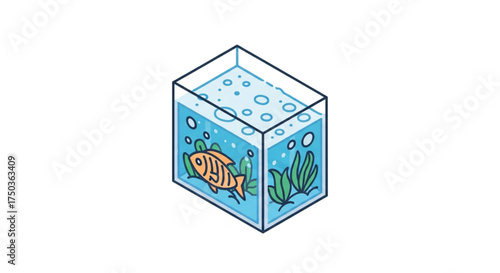 Isometric illustration of a fish tank with an orange fish and green algae