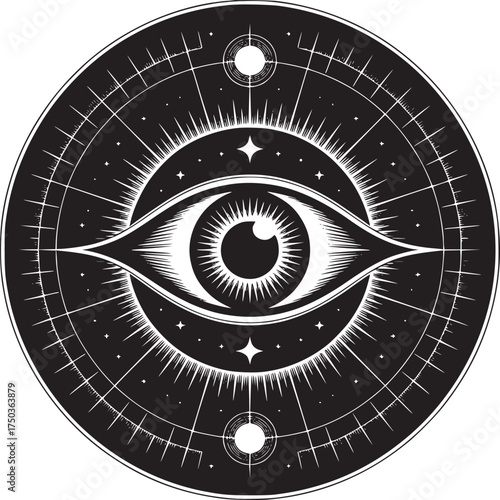 Intricate eye design with celestial elements radiates cosmic insight and mystical allure for spiritual seekers