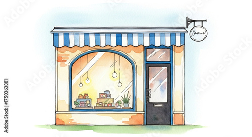 Charming watercolor illustration of a quaint shop with a striped awning
