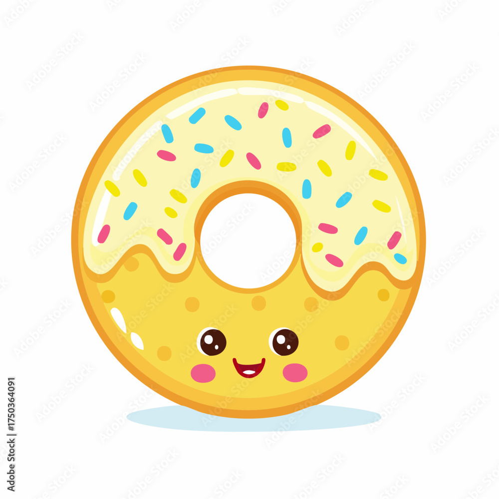 Fototapeta premium Cute kawaii donut character with yellow frosting and colorful sprinkles.