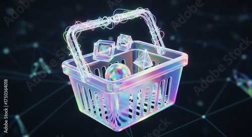 A holographic shopping basket filled with geometric shapes, representing virtual assets and digital commerce in the metaverse