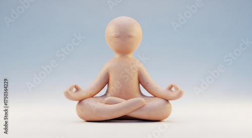 Clay figure in yoga pose, meditating and finding inner peace, promoting mindfulness and wellbeing, on blue background