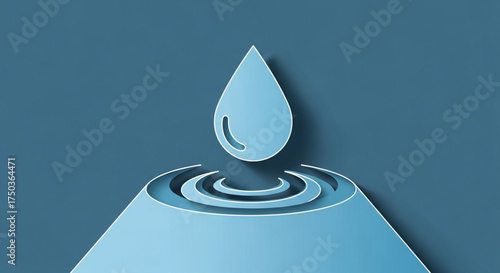 A captivating 3d render of a water drop falling into a pool, creating ripples, set against a serene blue background
