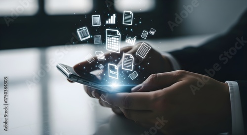A person holding a smartphone with digital document icons floating above the screen in bright light