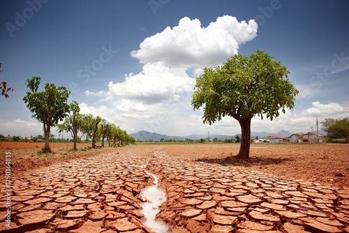 Cracked dry field with a single tree against a cloudy blue sky