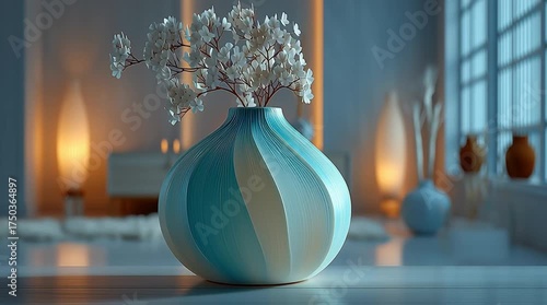 Minimalist Blue Ceramic Vase with White Flowers in Soft Lighting