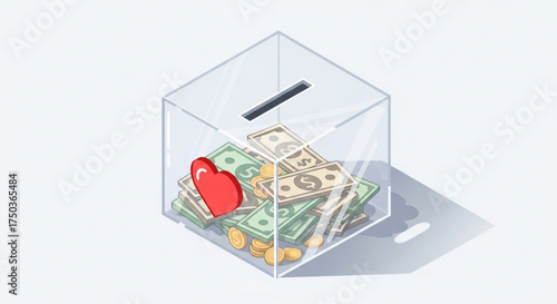 Donation box with money and a red heart, symbolizing charitable giving and financial support