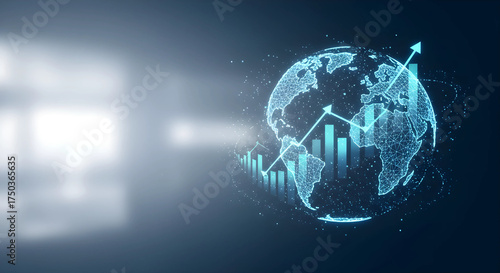 グローバルビジネスの成長と相互接続された金融市場を示す未来的な3D地球儀とデータ可視化
