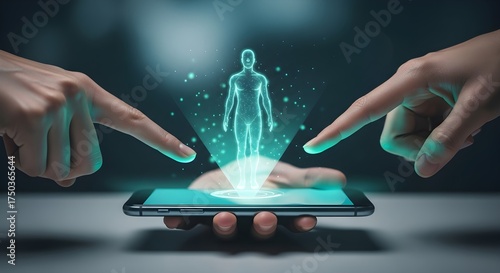 Hands interacting with a human hologram projected from a smartphone on a neutral background