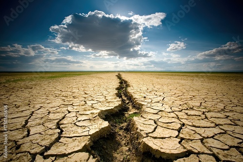 Dry, cracked earth stretches beneath a cloudy, vibrant sky