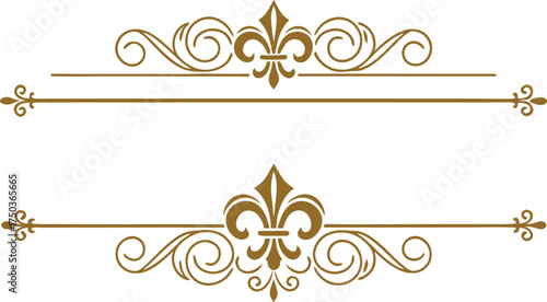 Elegant golden ornate flourish decorative elements with fleur de lis motifs on a white background for design and branding