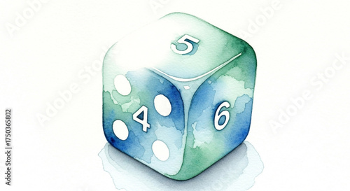 Watercolor illustration of a sixsided die with numbers 4, 5, and 6, , perfect for game design