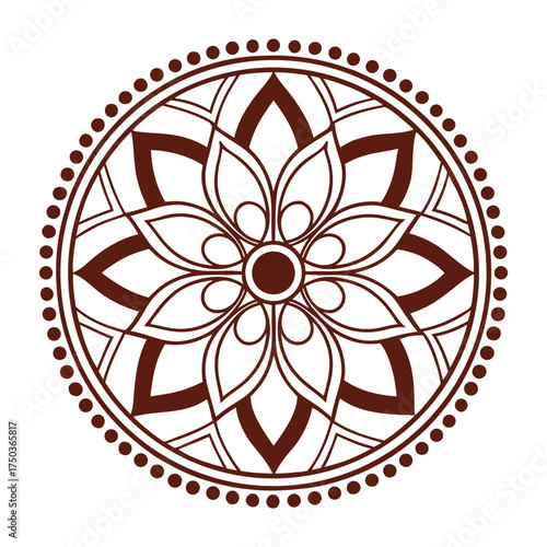 Intricate circular mandala design with floral petals and geometric patterns in a rich brown hue on a white background