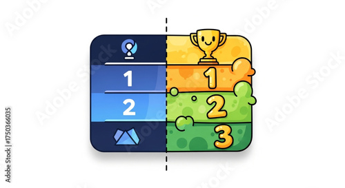 A playful illustration displaying a leaderboard with a trophy, showcasing rankings and achievements in a vibrant and engaging style