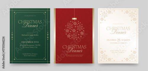 Elegant Christmas Dinner Invitation & Menu Flyer Templates – Luxury Holiday Party Cards in Red, Green, and White with Gold Accents