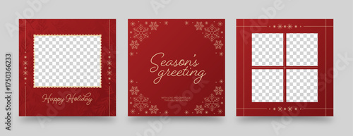Luxury Red and Gold Christmas Social Media Banners – Elegant Square Holiday Photo Templates with Snowflakes and Frames