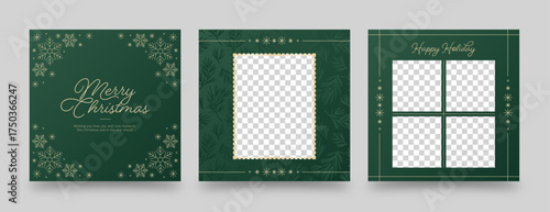 Elegant Green and Gold Christmas Social Media Banners – Luxury Square Holiday Templates with Photo Frames and SnowflakesSquare 01