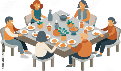 Diverse group of people enjoying a festive meal together around a table