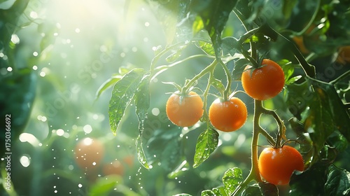 A tomato plant with floating fruits surrounded