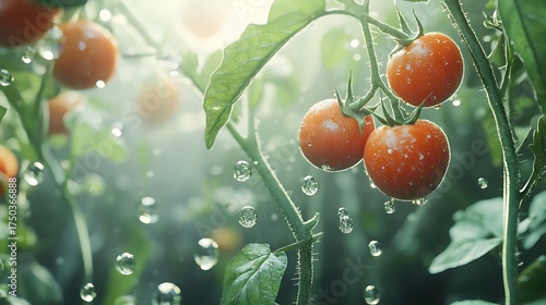 A tomato plant with floating fruits surrounded