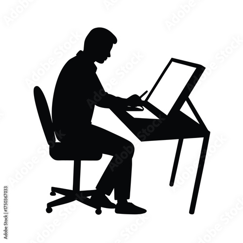 Freelance Artist Drawing Digital Artwork On Tablet Vector Silhouette On White Background  