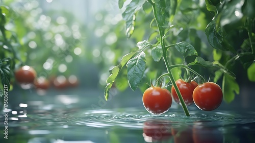 A tomato plant with floating fruits surrounded