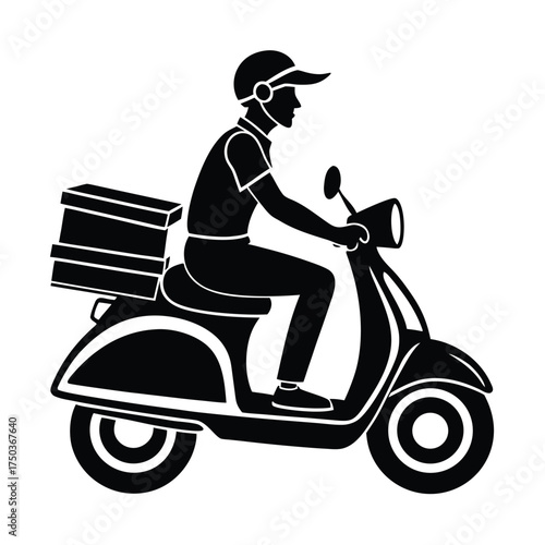 Gig Worker Riding Scooter Delivering Food To Customer Vector Silhouette On White Background  