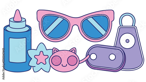 Pink blue purple accessories collection glue bottle sunglasses