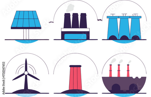 Diverse energy sources power generation icons solar panel wind turbine
