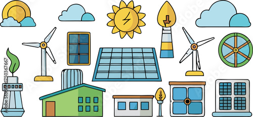 Renewable energy sources and infrastructure icons clouds solar panels