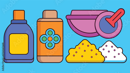 Cleaning supplies and powders with a mixing bowl and scoop liquid bottle