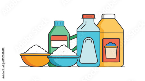 Cleaning supplies with white powder in bowls and bottles vector