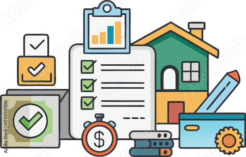House loan application process checklist and financial approval vector