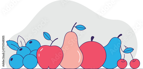 Assorted ripe fruits with leaves and stems apple pear