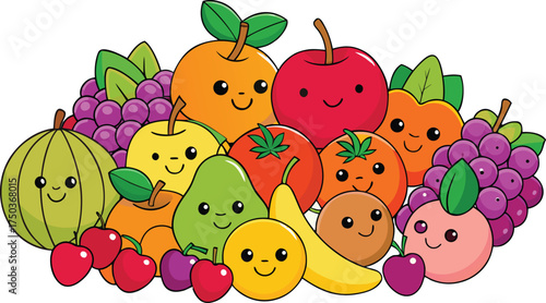 Happy cartoon fruits collection vibrant colors cheerful faces apple orange