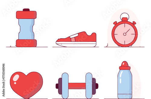 Red and blue fitness icons including water bottle sneaker stopwatch heart dumbbell health
