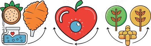 Healthy food heart and plant icons with medicine vector