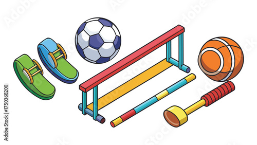 Colorful sports equipment including balls hurdles and balance beam soccer ball basketball
