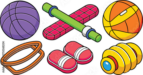 Purple basketball orange basketball resistance bands crossed green bar pink mats red slippers yellow roller