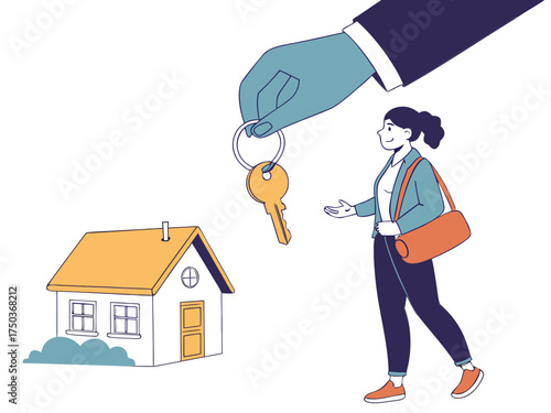 Real estate agent’s hand handing over house keys to a new homeowner against a white background..svg