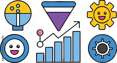 Yellow gear happy face blue circle smiley face purple funnel chart bar graph icons symbols