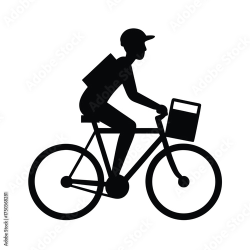 Gig Worker Delivering Package On Bicycle Vector Silhouette On White Background  