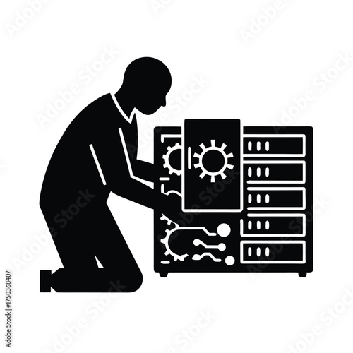 IT Technician Restoring System After Cyber Attack Vector Silhouette On White Background  