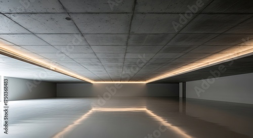 Illuminated ceiling details with concrete grids in modern interior space