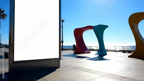 Vertical Digital Billboard Mockup on Sunny Seaside Promenade with Abstract Art and Ocean View