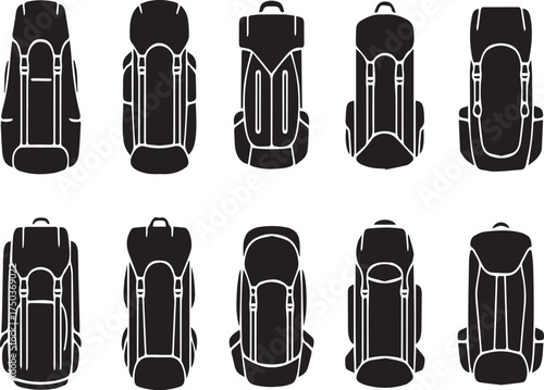 Ten black silhouette hiking backpacks with white outlines displayed in two rows rucksack camping